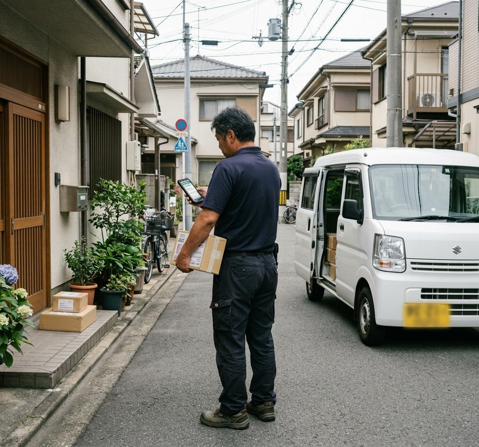 個人宅の玄関先で配送を確認するドライバーと軽貨物車によるラストワンマイル配送の様子