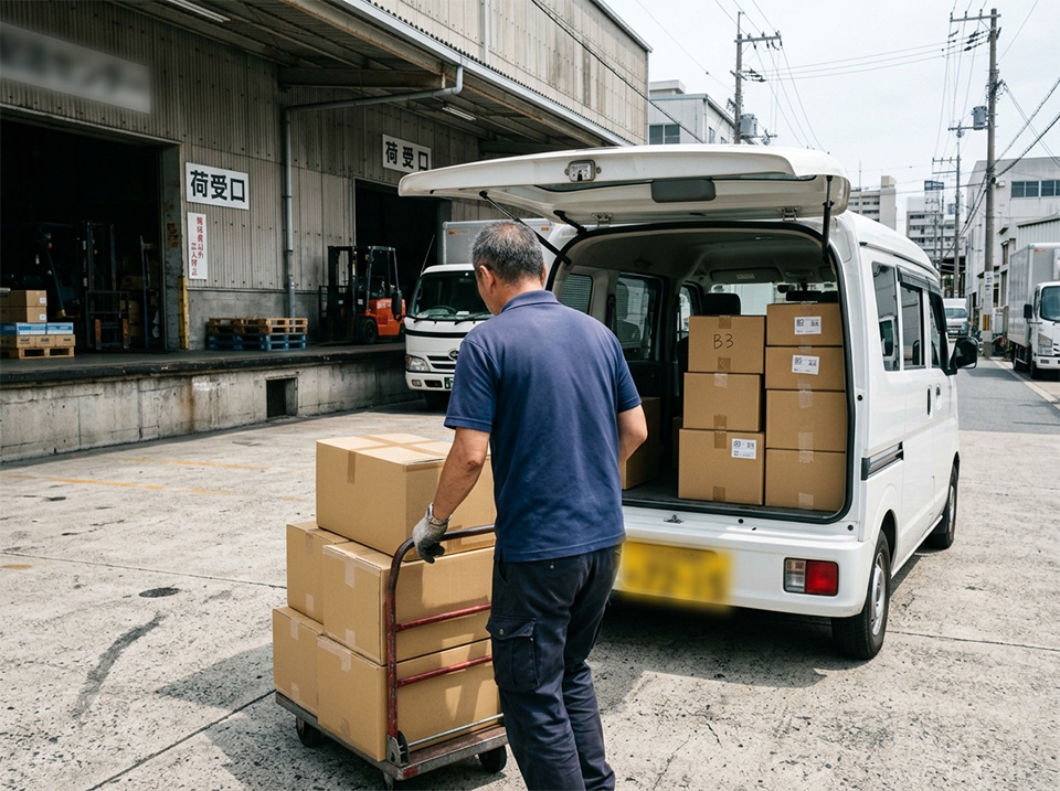 倉庫の荷受け前で荷物を台車で運び軽バンへ積み込む企業向け配送の様子