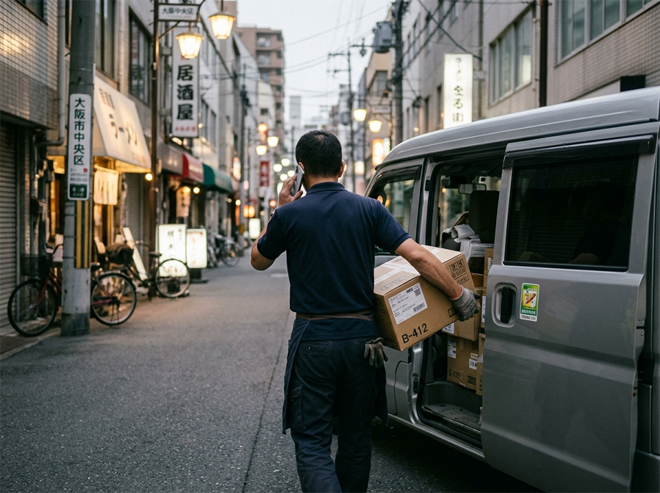 都市部の路上で電話連絡しながら荷物を届けるドライバーと軽配送車両
