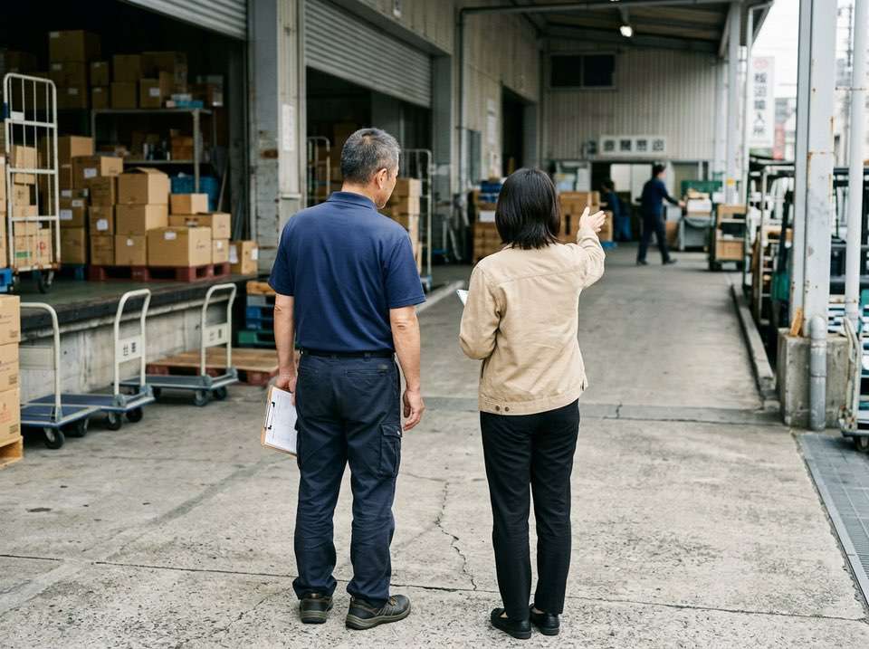 倉庫・荷役現場で搬送ルートや荷姿を確認するヒアリングの様子