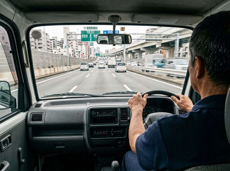 高速道路を走行し配達・集荷に向かう軽貨物車での輸送シーン